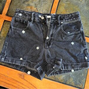 PacSun Black Jean Shorts with White Floral Embroidery